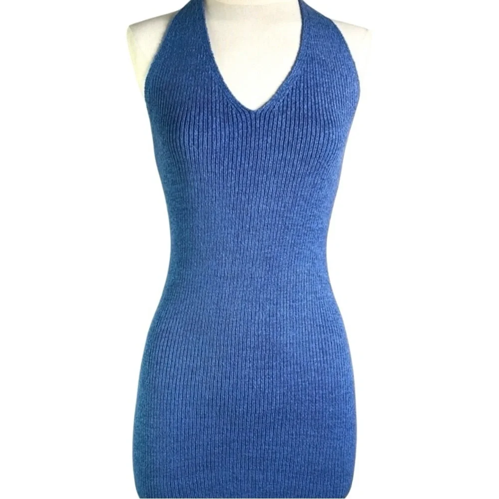 Blue Ribbed Halter Mini Dress - Picture 3 of 7